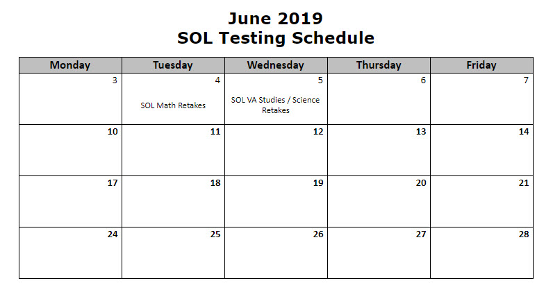 June Testing Schedule